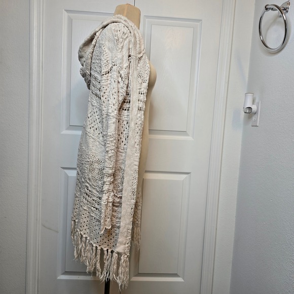 Cream Open Knit Hooded Cardigan Long Sleeve Fringe Trim cottagecore boho Y2K - Picture 2 of 6